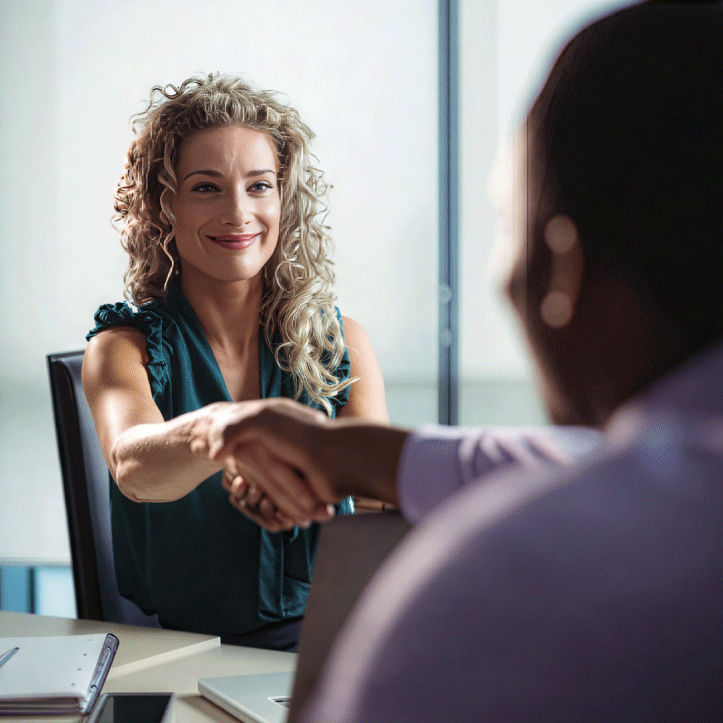 Consultora saludando a candidato en entrevista